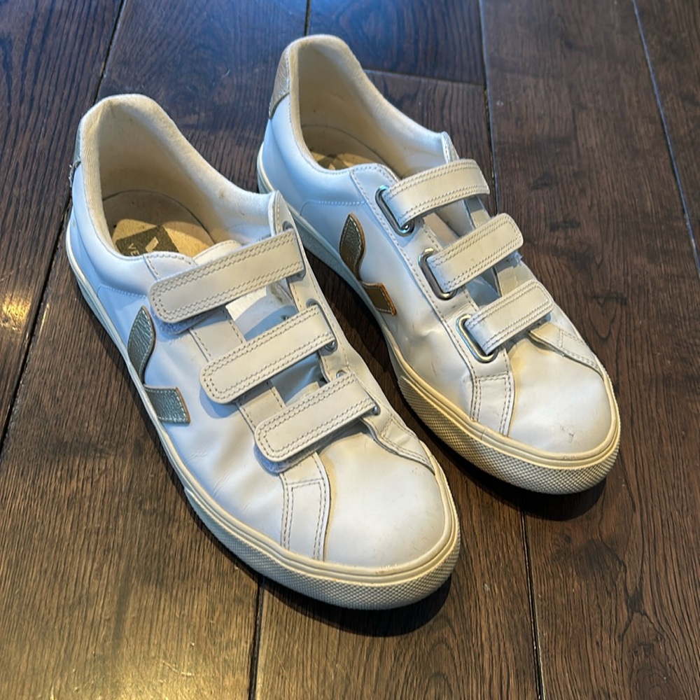 White and gold Velcro Veja sneakers size 9